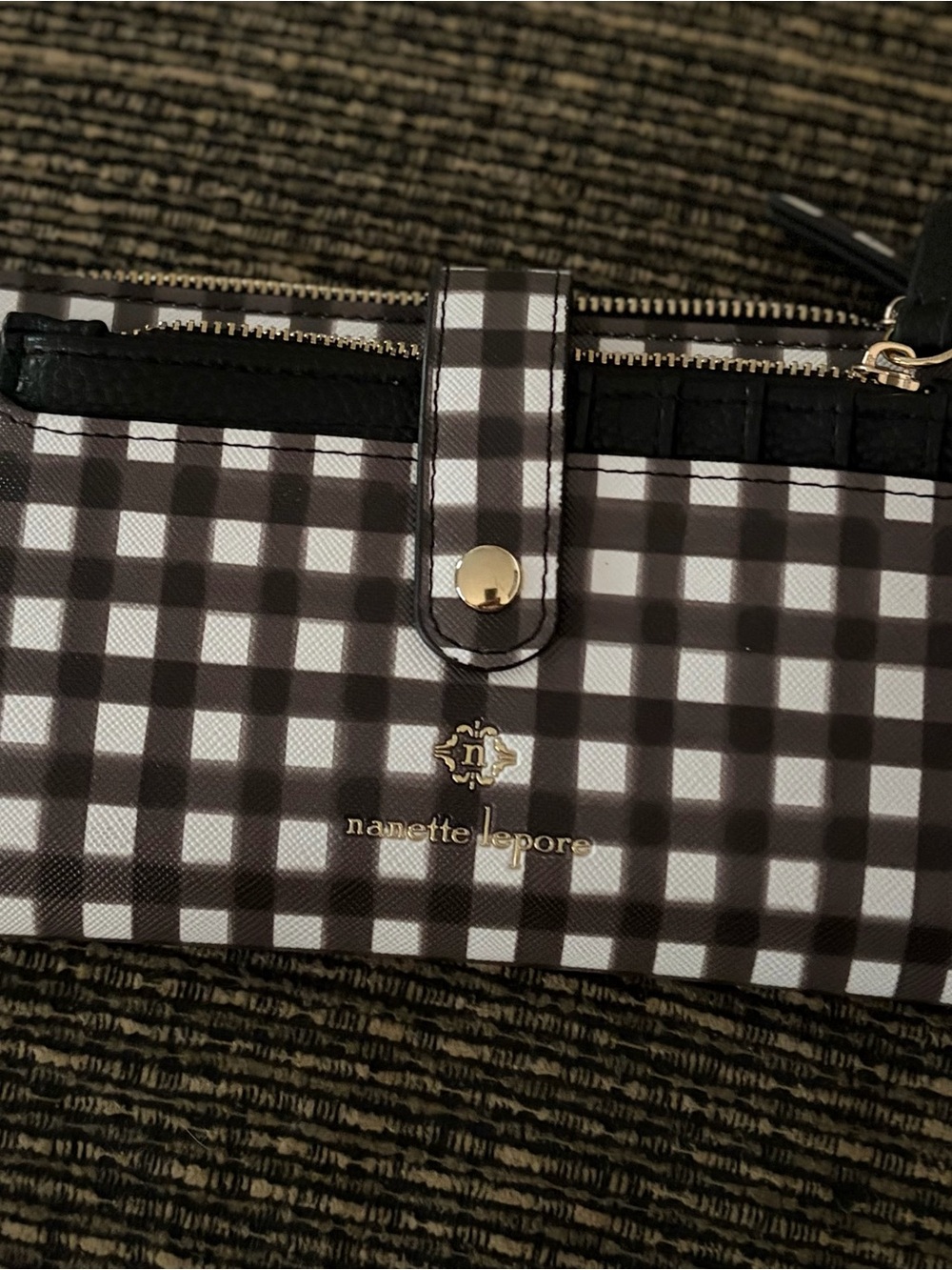 Nanette Lepore Black & White Gingham Wallet with Gold Accent